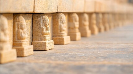 Intricately carved wooden balusters in a row