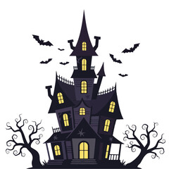 Haunted House with Bats, Halloween Vector Illustration