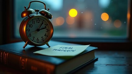 University Stress: Antique Alarm Clock on Calculus Book with Final Exam Note