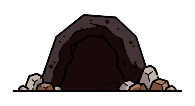 Illustration of a rustic cave entrance surrounded by scattered rocks and earthy tones for outdoor adventure scenes and natural underground