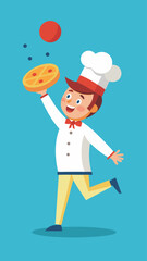 A chef is running with a plate of food and a hat on. The chef is wearing a white coat and red pants