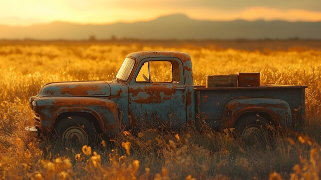 A photograph of an old, rusty vintage pickup truck abandoned in a dry, grassy field during a beautiful and dramatic golden sunset - Powered by Adobe