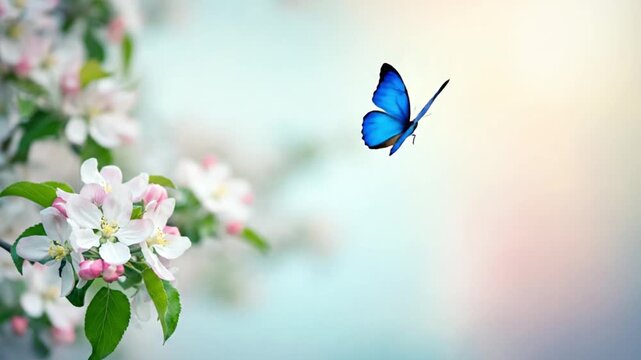 Blue butterfly flits near white  pink blossoms on a blurred branch against a soft blended backdrop