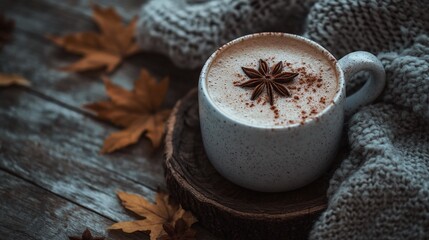 Warm autumn latte in cozy home setting with fall decor