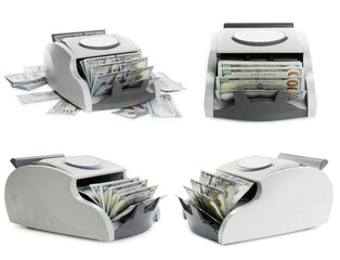 Money counter machine with dollar bills isolated on white, set
