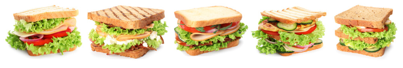 Many tasty sandwiches isolated on white, set