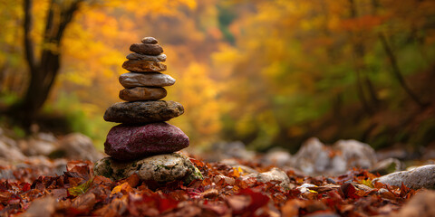 Stone tower in autumn. Stones Balance, Natural stones under the autumn leafs.