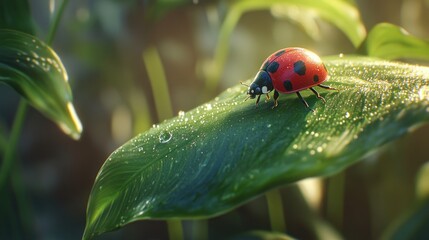 A close-up of a ladybug on a dew-covered leaf under natural sunlight