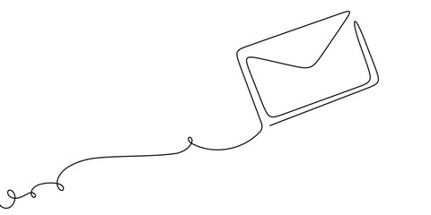 Line mail continuous one art icon email letter vector paper message. Continuous art line newsletter sketch outline contact plane illustration business single doodle arrow journey travel send fly post.
