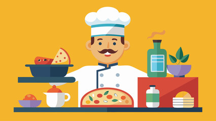 A chef is cooking food in a kitchen. The chef is wearing a white hat and a green apron. The kitchen is filled with various food items, including a pizza, a bowl, and a spoon