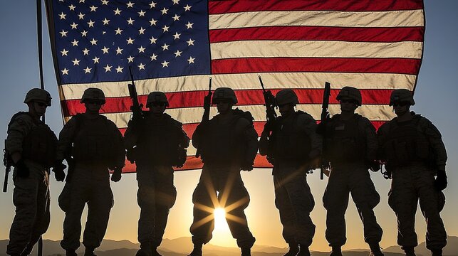 Silhouette of American flag and soldiers against sunset, for patriotic promotion and military - related designs