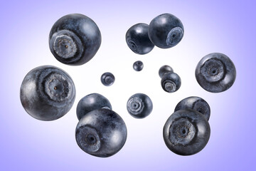 Fresh ripe blueberries swirling in air against color gradient background