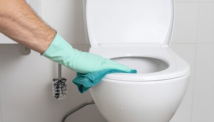 Person Cleaning Toilet Seat with Teal Cloth and Green Gloves