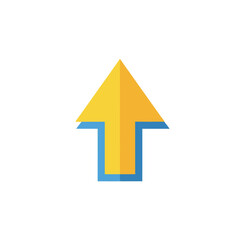 Fototapeta premium Bright yellow upward-pointing arrow with blue shadow emphasizing direction and progress in a minimalistic design for visual communication or