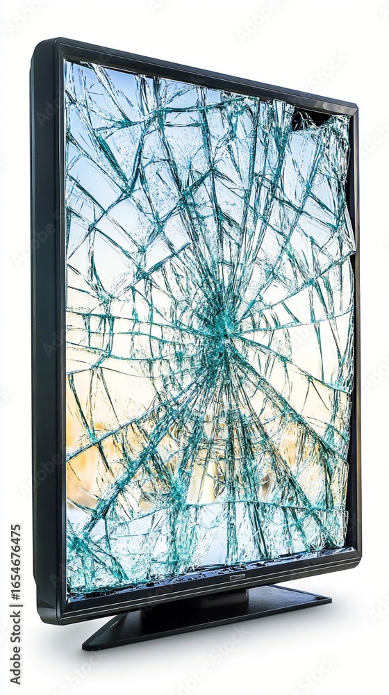 Poster shattered display reveals intricate web of cracks spreading from central impact point, transforming 