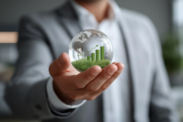 A transparent globe floats above a businessman's hand, inside the globe are graphs and green leaves symbolizing ecological growth.