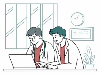 Two doctors sitting at a table in the office. Healthcare concept. Cartoon style illustration.