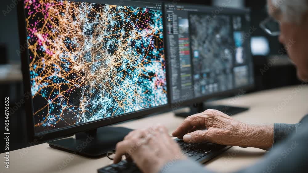 Poster hands on keyboard with dual monitors showcasing colorful data visualizations, ai models, and latest 