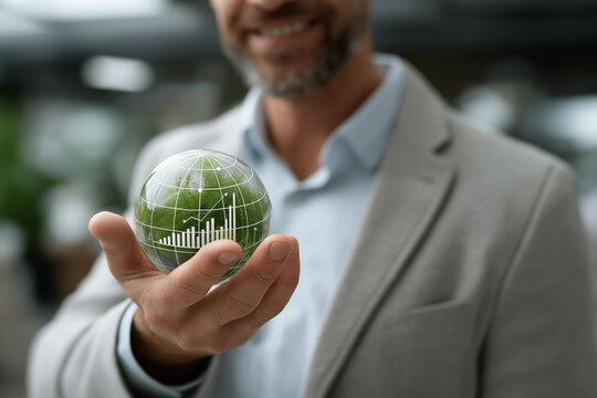A transparent globe floats above a businessman's hand, inside the globe are graphs and green leaves symbolizing ecological growth.