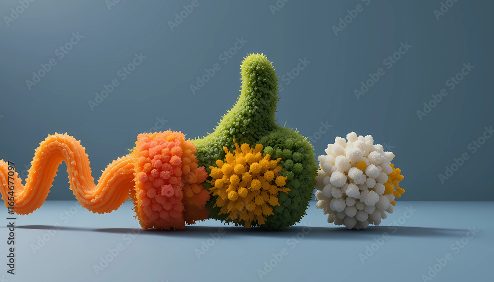Poster colorful textured objects resembling a thumbs up and spheres on a blue surface backdrop