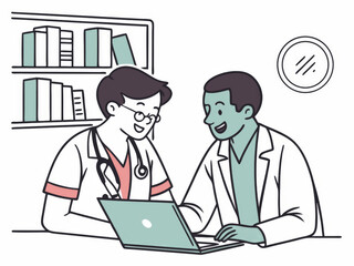 Two doctors sitting at a table in the office. Healthcare concept. Cartoon style illustration.