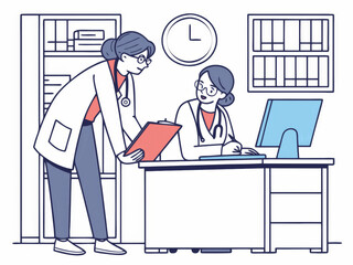 Two doctors sitting at a table in the office. Healthcare concept. Cartoon style illustration.