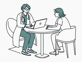 Two doctors sitting at a table in the office. Healthcare concept. Cartoon style illustration.