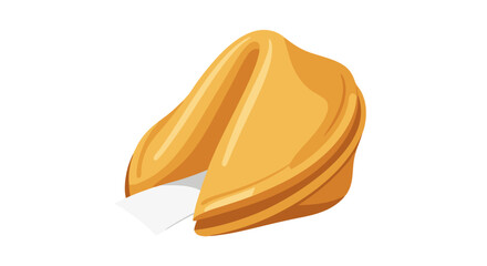 Fototapeta premium Illustration of a golden-brown fortune cookie with a white paper slip emerging from its cracked opening, showcasing a simplistic and clean digital