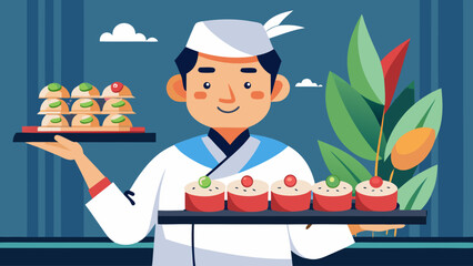 A chef is holding a tray of sushi and smiling. The sushi is colorful and arranged neatly on the tray