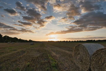 Heuballen - bales of hay - field - harvest - summer - straw - farmland - blue cloudy sky - golden -...