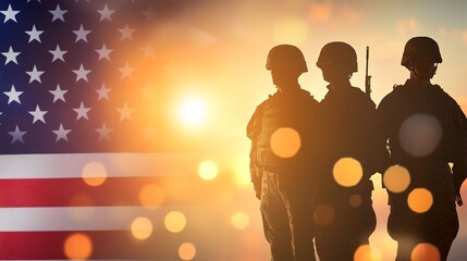 Silhouette of American flag and soldiers against sunset, for patriotic promotion and military - related designs