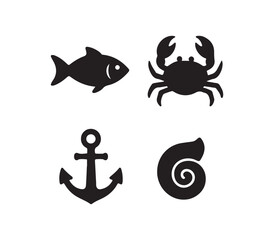 black silhouettes of sea elements vector collection