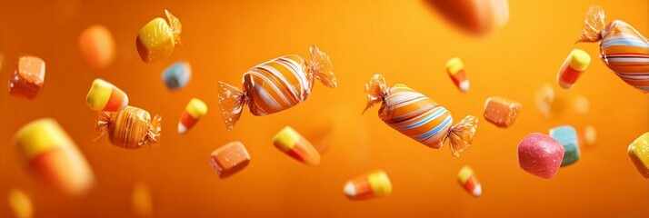 Vibrant candy explosion suspended in mid-air against a warm orange background, showcasing a dynamic array of colorful wrapped sweets and confections floating playfully