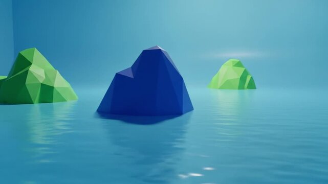 Blue and green vector illustration of a summer travel landscape with a desert mountain, pyramid, and clouds under a blue sky