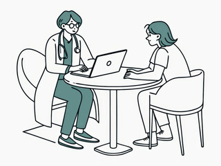 Two doctors sitting at a table in the office. Healthcare concept. Cartoon style illustration.
