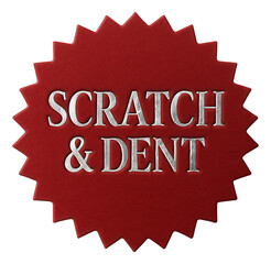 Red tag sticker with SCRATCH & DENT discount in bold letters, attention-grabbing retail offer on transparent background.