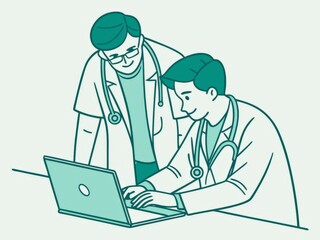 Two doctors sitting at a table in the office. Healthcare concept. Cartoon style illustration.