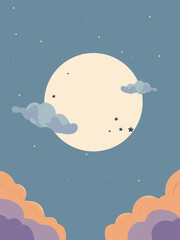 A serene night sky illustration featuring a glowing full moon, soft clouds, and scattered stars. Perfect for Halloween, dreamy designs, and seasonal projects.