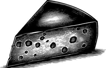 Vintage engraved illustration of hard cheese wedge for culinary design