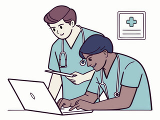 Two doctors sitting at a table in the office. Healthcare concept. Cartoon style illustration.