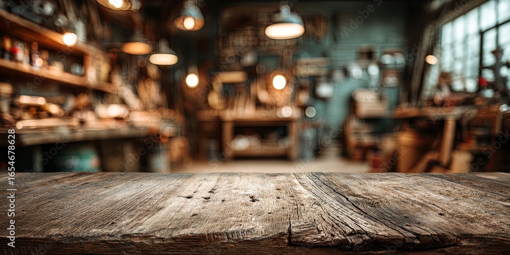 Aufkleber rustic wooden table top with blurred workshop background, warm light creating a cozy and inviting at