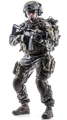 Fototapeta premium Soldier in combat gear, wearing camouflage uniform with rifle, fully equipped, for military theme and war simulation designs