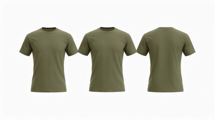 Shirt design and people concept - close up of blank khaki green tshirt front and rear isolated. Mock up template for design print
