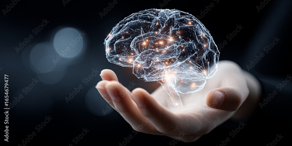 Poster hands holding 3d brain concept symbolizing intelligence and creativity over dark background with bok