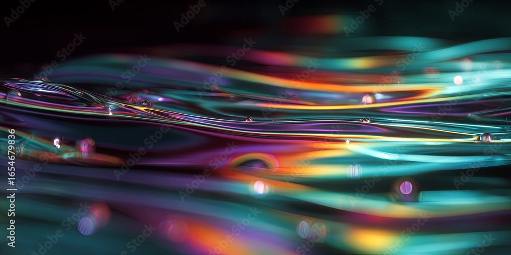 Poster dynamic light flow and colorful reflections on dark background in abstract digital art composition