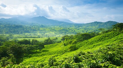 Lush green tropical mountain landscape under a cloudy sky