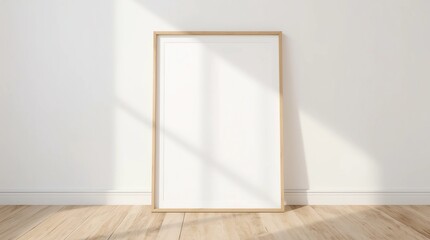 Fototapeta premium Realistic wooden Blank frame,size A3 A4 on White Wall and wooden floor. Design Template for Mock Up, 3D render, 3D illustration