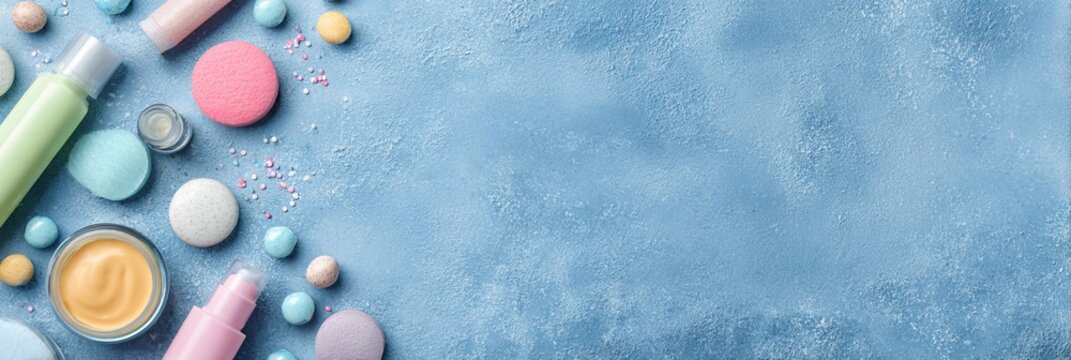 Colorful assortment of cosmetics and beauty products arranged on a textured blue background, perfect for beauty and skincare promotions or online shopping platforms.
