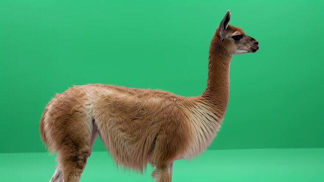 Majestic Guanaco Profile on Green Screen Background. Full Body Side View of a South American Camelid with Shaggy Brown Fur, Isolated for Easy Compo...
