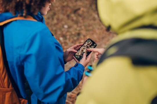 Hikers using smartphone gps to find right path in forest